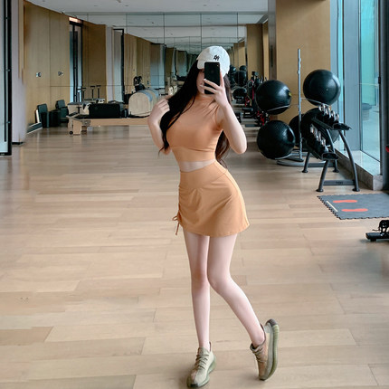 Byu run 半高领无袖网纱上衣瑜伽服套装女高腰抽绳短款裙裤两件套
