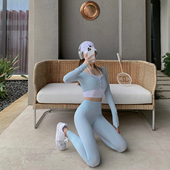 T恤高腰提臀健身裤 Byu 女拼色假两件运动长袖 专业瑜伽服套装 run