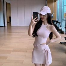 Byurun新款不规则挂脖背心上衣瑜伽套装女高腰抽绳运动半裙两件套