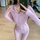 修身 Byu 螺纹翻领粉色运动卫衣外套女短款 新款 瑜伽服健身上衣 run
