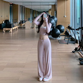 两件套 女宽松直筒运动裤 Byurun 拼色假两件挂脖带胸垫T恤瑜伽套装