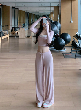 Byurun 拼色假两件挂脖带胸垫T恤瑜伽套装女宽松直筒运动裤两件套