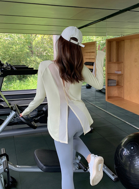Byu run 宽松长袖透气健身服女后背开叉瑜伽服跑步健身运动罩衫