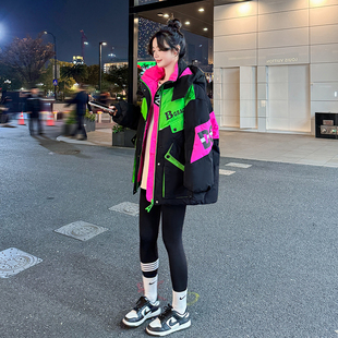 流行拼接羽绒服女冬季新款个性时尚宽松加厚白鸭绒学生工装外套潮