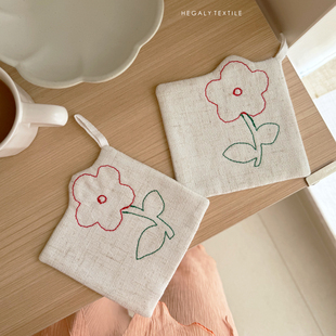 HEGALY 小花刺绣杯垫亚麻布艺装饰隔热防滑垫子拍摄道具复古可爱