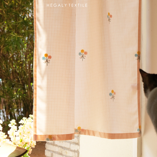 HEGALY 韩式小花束刺绣淡粉色门帘小格子棉麻小窗帘可爱入户门