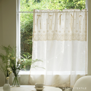 HEGALY 杏山午后柔光纱帘韩式橱窗装饰小窗帘穿杆款米黄棉麻复古
