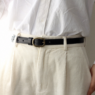 荣轻复古纯色铜扣小皮带圆扣头层牛皮细腰带亮面裤 带女士休闲百搭