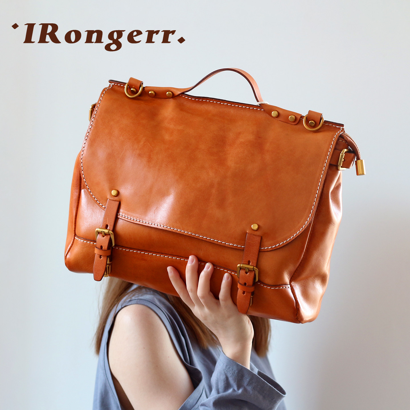 荣轻复古原创手工擦色邮差包植鞣牛皮手提单肩包商务斜挎大包男女