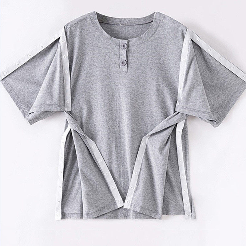 半袖病人睡衣男纯棉 手臂骨折专用上衣短袖肩膀开暗扣病号服宽松