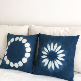 |▋本事|▋手工扎染植物蓝花瓣点棉布抱枕靠枕 45x45cm BZ30-56