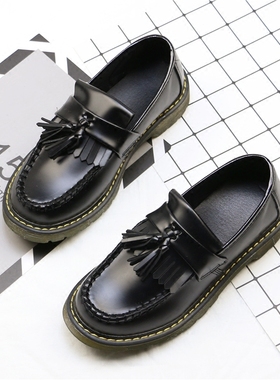 gd同款复古平底英伦风套脚黑色流苏一脚蹬乐福牛津女皮鞋圆头百搭