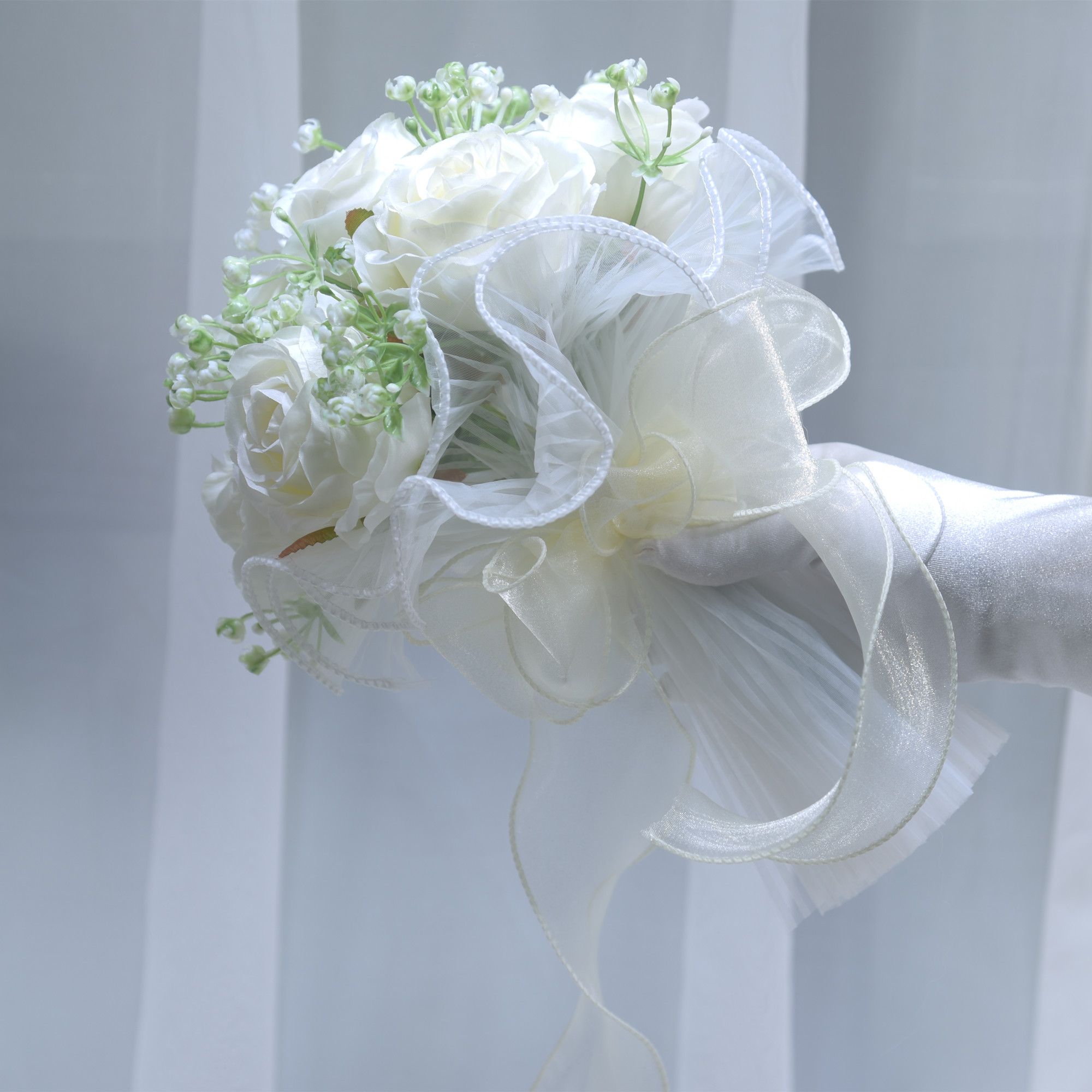 森系户外婚礼新娘手捧花仿真玫瑰满天星假花婚纱旅拍道具新婚礼物