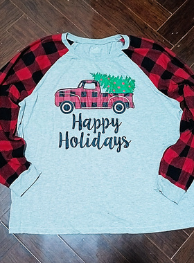 外贸原单圣诞树柔软舒适圆领全棉大码中性款男士长袖T恤2003秋冬