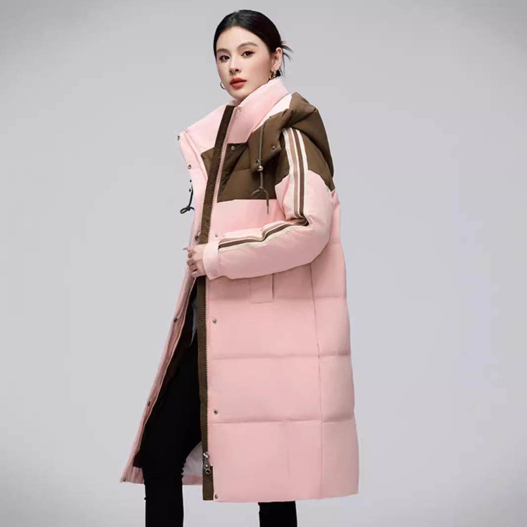 正冬品拼接绒服女中长款鸭季新款80-8时尚连帽加厚绒羽白绒外套