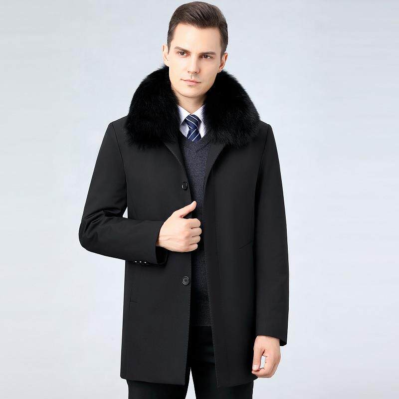 绒狐狸毛领羽绒服男加中年中长款107-ZZ厚可脱卸鹅内风衣冬装胆爸