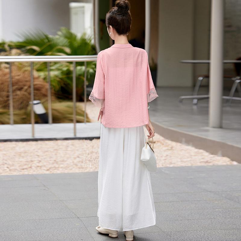 中国魅8867风时尚天麻丝套装女夏大季新款码宽阔腿裤新中式松两件