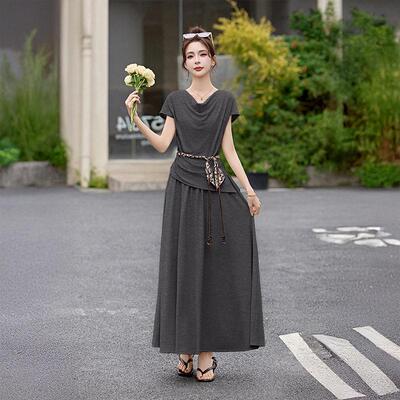 时尚套装夏季新款女质系带恤收腰半气裙两件HE6602-0装套身裙