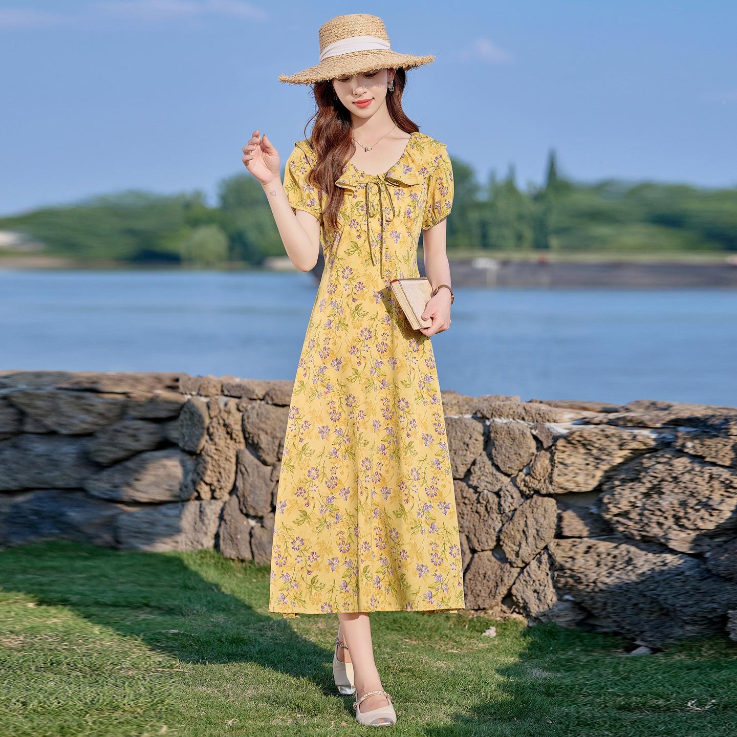 夏季新百款时花尚搭方领宽松显瘦雪裙纺碎短袖连衣女中长火1177裙