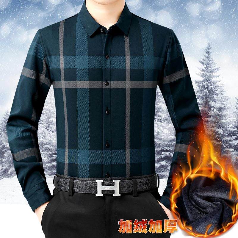 冬男式长袖保暖衬衫中羊年季休闲8629-P加绒加厚免烫衣绒格子衬男