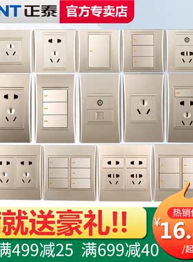 正泰120型9L钢架开关插座面板香槟金五孔曲架家用组合组装USB模块