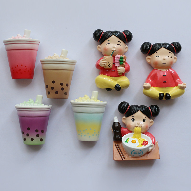 可爱卡通静心干饭娃娃奶茶饮料树脂冰箱贴磁贴吸铁石装饰磁力贴