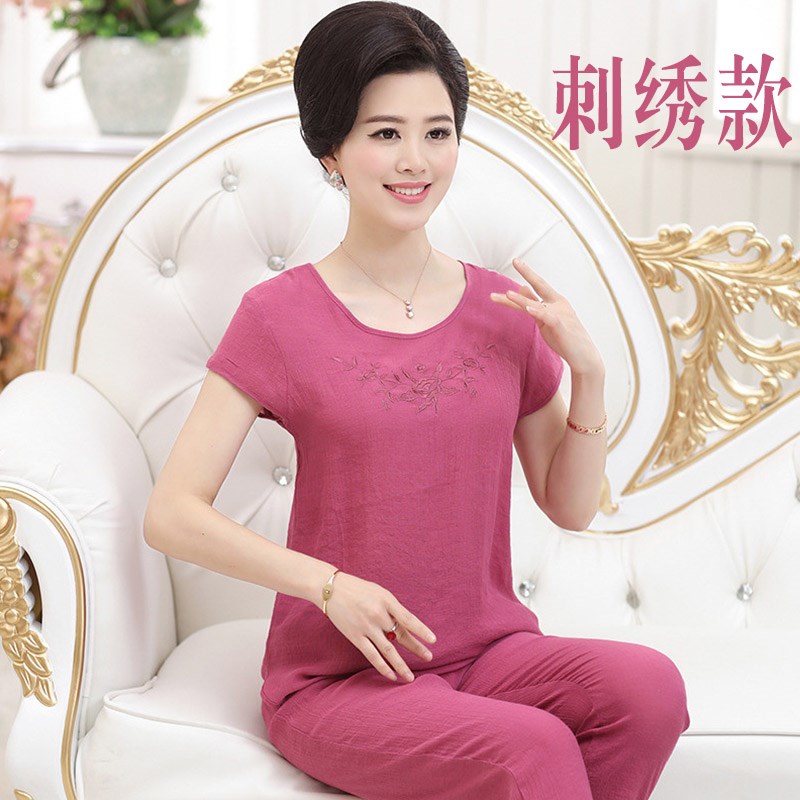 媽媽睡衣女夏夏裝分體春秋款女士薄款棉麻家居服中年人中老年新款