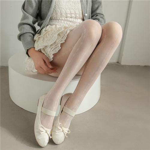 白丝袜日系白色连裤袜JK黑丝薄款甜美洛丽塔lolita蕾丝提花打底袜