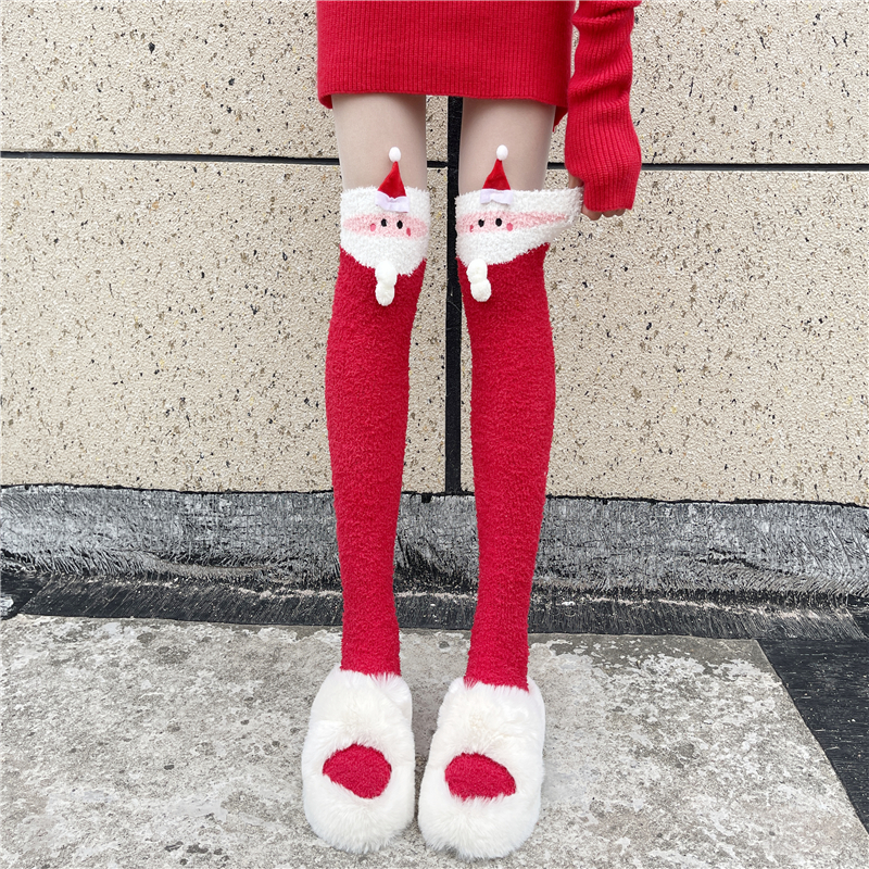圣诞红色过膝袜子加厚珊瑚绒保暖