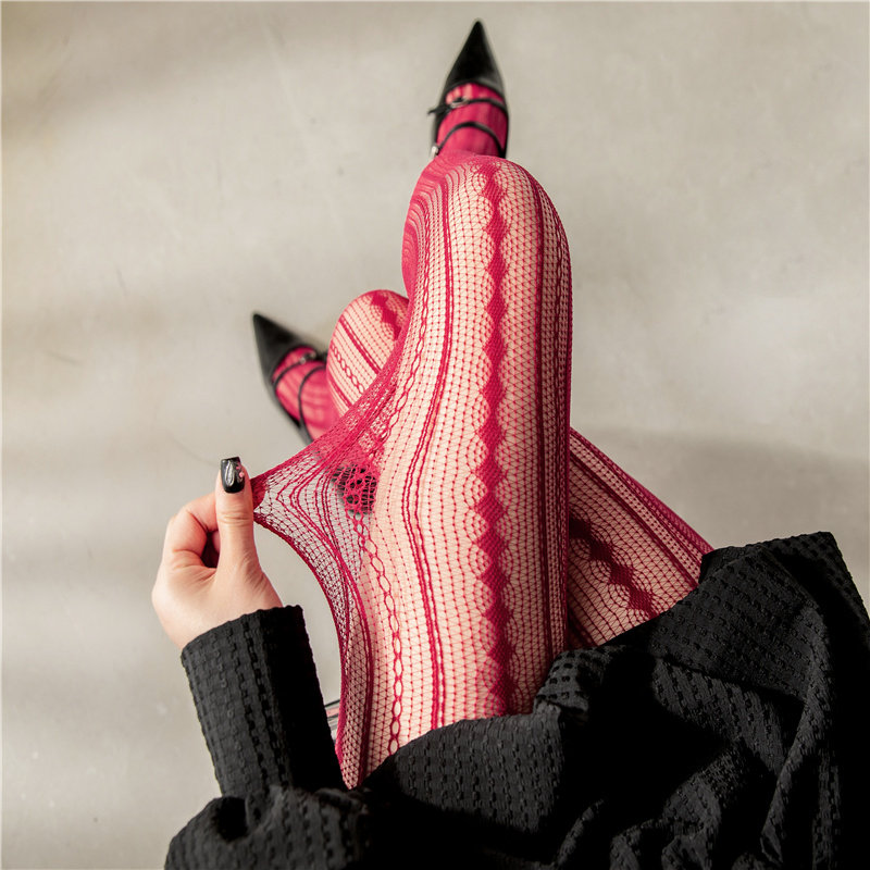 安可拉红连裤袜复古蕾丝白丝袜女性感黑丝春秋显瘦竖条镂空打底袜