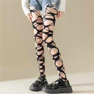辣妹破洞黑丝袜薄款性感亚文化渔网连裤袜女交叉绷带朋克y2k暗黑