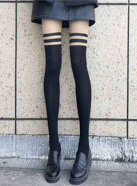 黑丝袜女薄款春秋连裤袜日系JK可爱假长筒袜子过膝黑色ins潮夏季