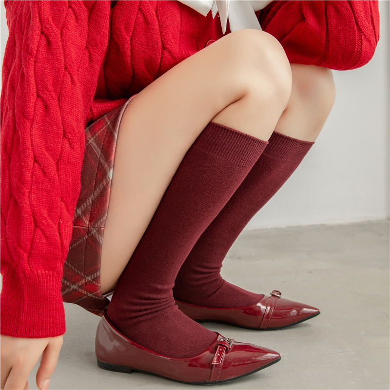 车厘子酒红色小腿袜安可拉红袜子