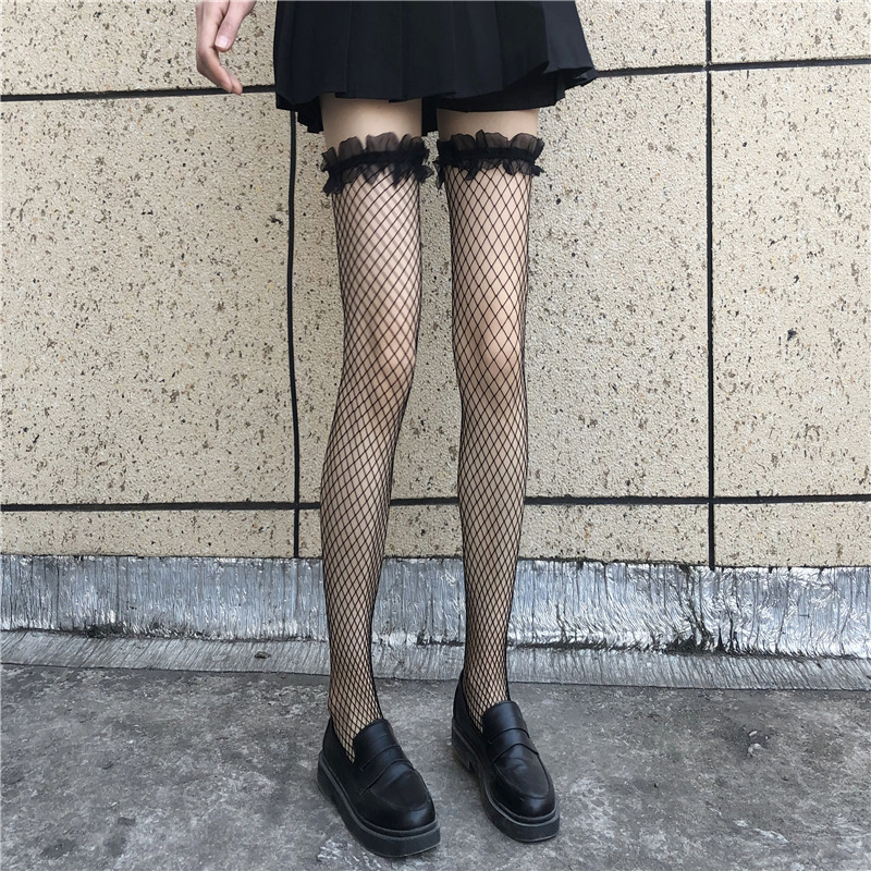 渔网袜JK黑丝袜女春秋蕾丝花边白丝袜长筒袜子过膝薄款性感ins潮
