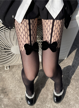 纯欲蝴蝶结丝袜女性感黑丝夏季薄款防勾黑色吊带连裤袜子JK渔网袜