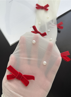 新年红色蝴蝶结丝袜女纯欲性感白丝JK黑丝日系甜美珍珠白色连裤袜