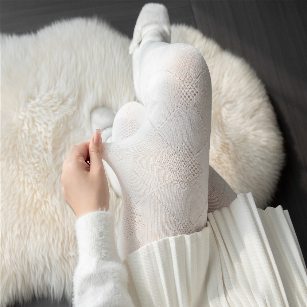 秋冬白色连裤袜菱形格加厚白丝袜