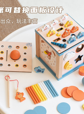 巧之木儿童木制多功能绕珠时钟串珠积木百宝箱投币颜色分类玩具