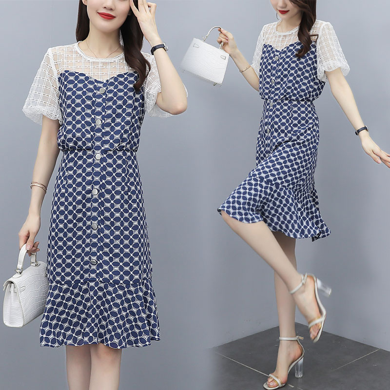 2021 summer new fat mm Korean fashion cover meat show thin print medium length lace stitching dress for women