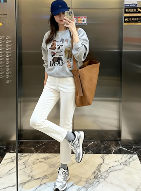 2025新款白色四面弹烟管裤女高腰九分小个子直筒牛仔裤休闲裤