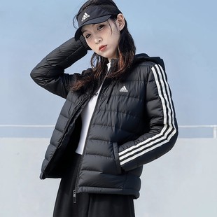阿迪达斯轻薄羽绒服女冬季新款加厚连帽外套三条杠鸭绒棉服IK2376