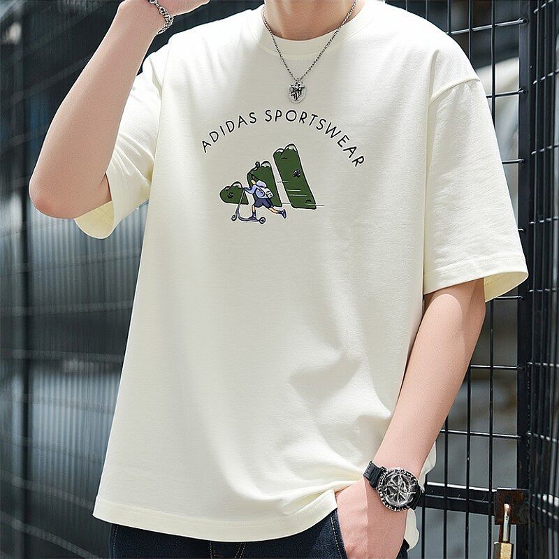 阿迪达斯纯棉短袖男士新款印花潮流休闲上衣圆领宽松T恤衫半截袖