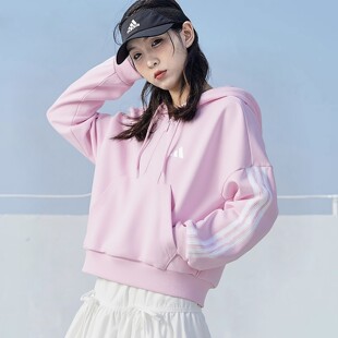 阿迪达斯卫衣女秋季新款粉色连帽衫短款半拉链套头运动服上衣外套