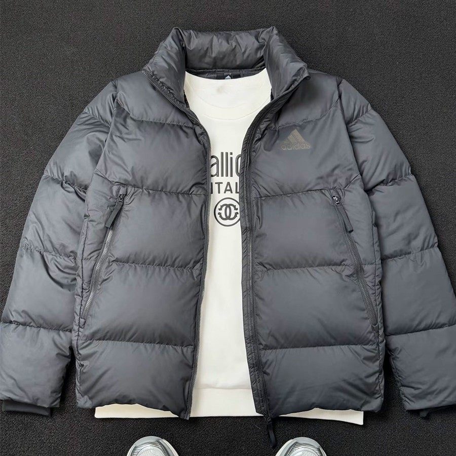 阿迪达斯灰色羽绒服男冬季新款立领加厚保暖面包服男士鸭绒衣外套