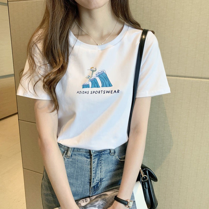 阿迪达斯短袖女T恤夏季新款棉质半袖针织透气运动服圆领休闲上衣