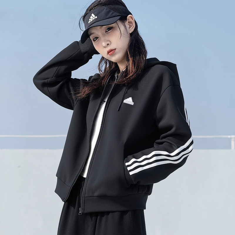 阿迪达斯连帽外套女装秋季新款三条杠运动美式棒球服休闲针织夹克