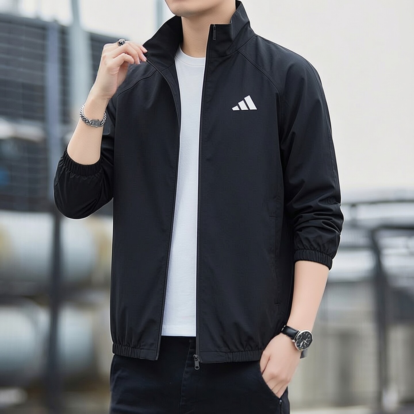 阿迪达斯纯色简约外套春秋季新款百搭运动服宽松防风立领夹克上衣