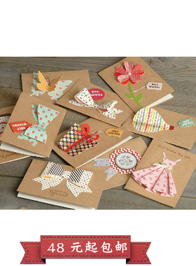 牛皮纸祝福贺卡圣诞节感恩儿童立体贴花卡片生日卡万用卡满包邮