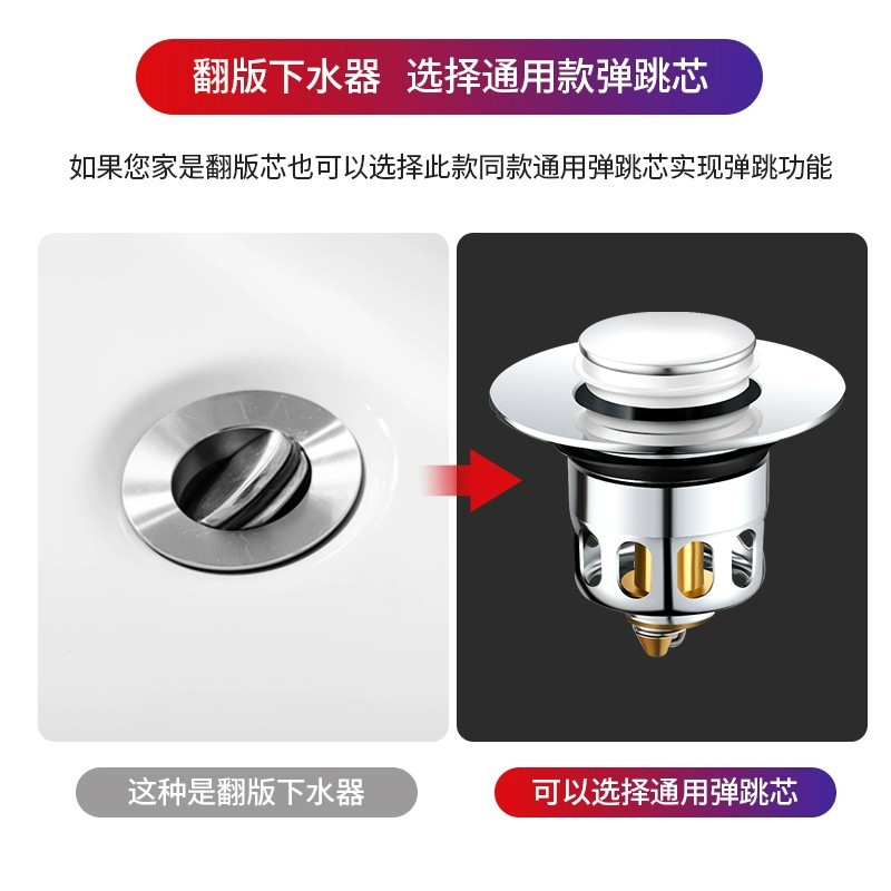 洗脸盆面盆弹跳芯洗手盆下水器管按压式不锈钢翻盖板漏水塞子配件
