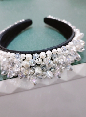 原创发饰白色水晶发箍女带齿串珠发卡宽边压发气质珍珠头箍高级感
